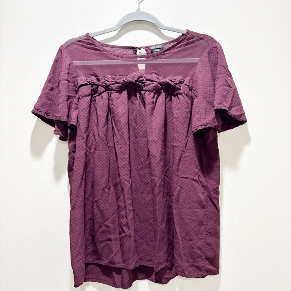 Torrid Deep Purple Mesh Detail Lace Up Flutter Sleeve Romantic Feminine Blouse